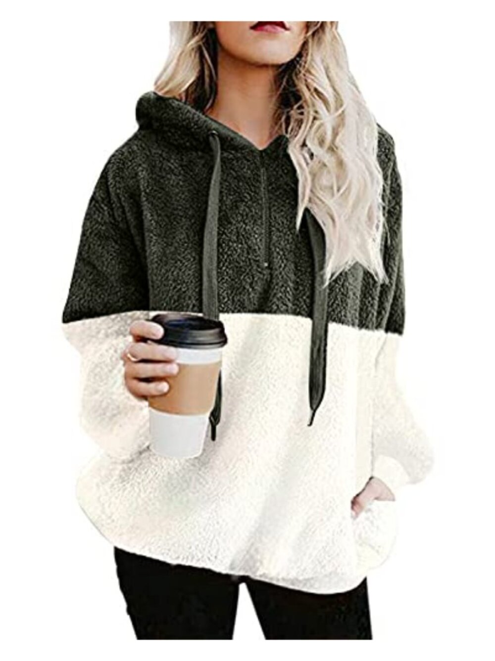 Womens Fuzzy Sherpa Pullover Hoodie Drawstring Loose Winter Warm Sweatshirt
